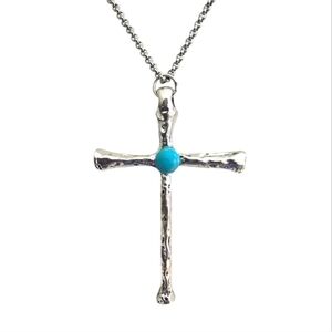 Silver Stainless Steel Turquoise Stone Cross Necklace Hammered 18" Chain Blue